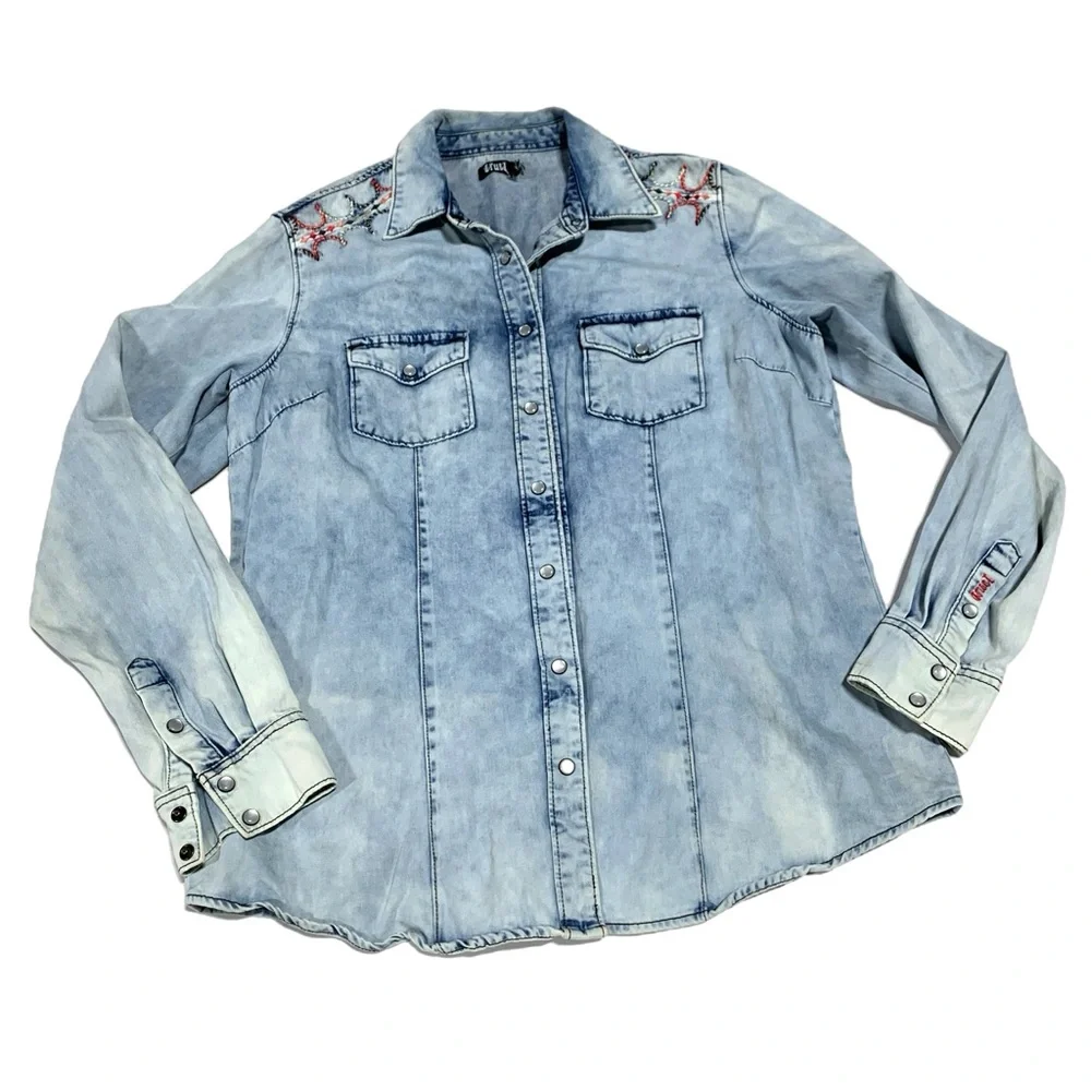 Cruel‎ XL Women Light Blue Soft Denim Western Pearl Snap Buttons 2322 Embroidery